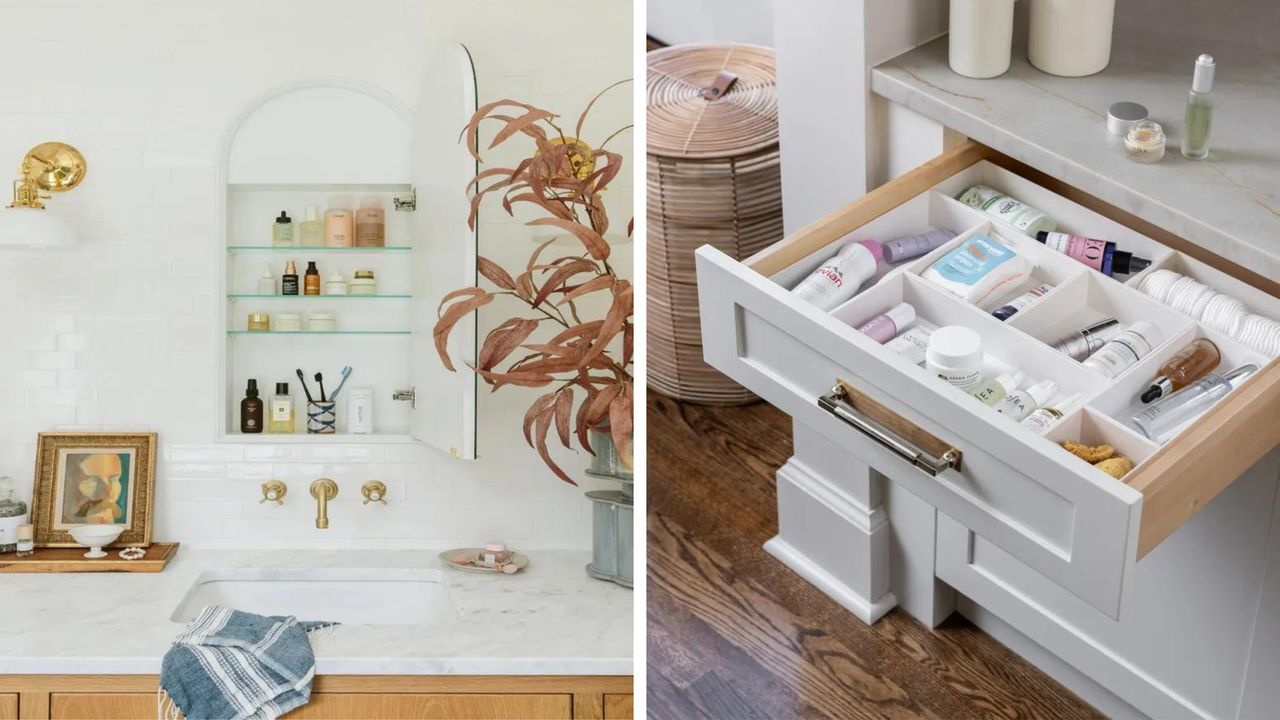 White wall-mounted mirrored bathroom vanity on left with the door open and shelves inset, organized bathroom drawer on right