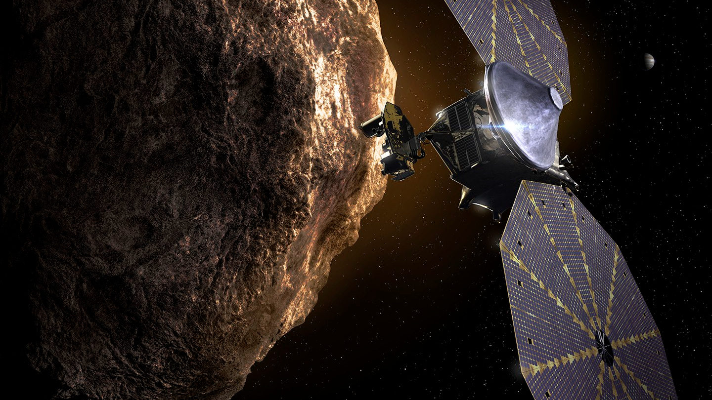 An artist&#039;s representation of NASA&#039;s Lucy spacecraft flying by the asteroid Donaldjohanson.