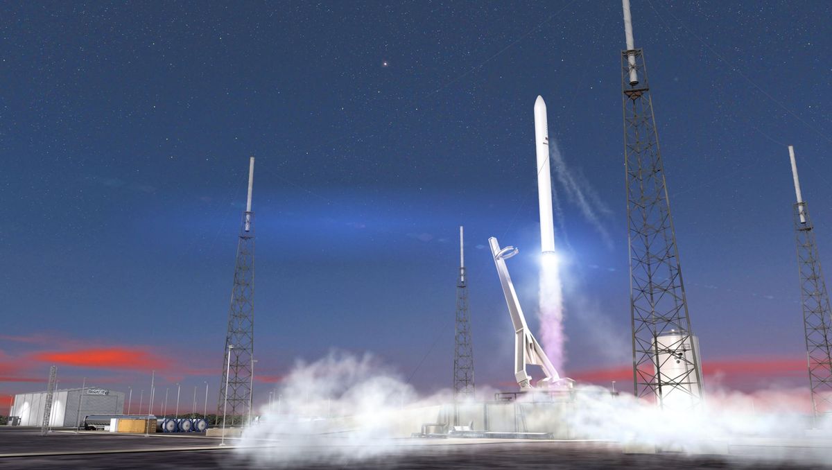 An illustration of Relativity Space&#039;s Terran 1 rocket launching into space.