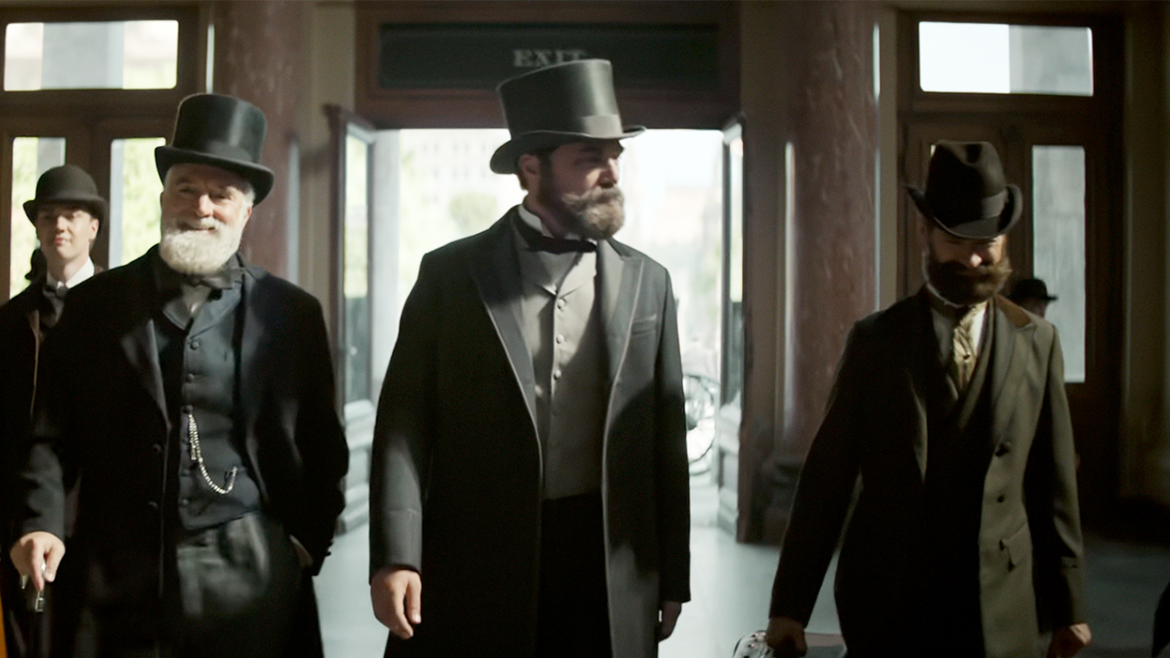 From left to right in Death by Lightning, Bradley Whitford as James Blaine, Michael Shannon as President Garfield, and Kyle Soller as Robert Todd Lincoln.