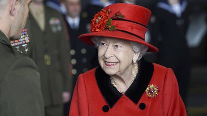Queen Elizabeth II during a visit to HMS Queen Elizabeth at HM Naval Base ahead of the ship's maiden deployment on May 22, 2021 