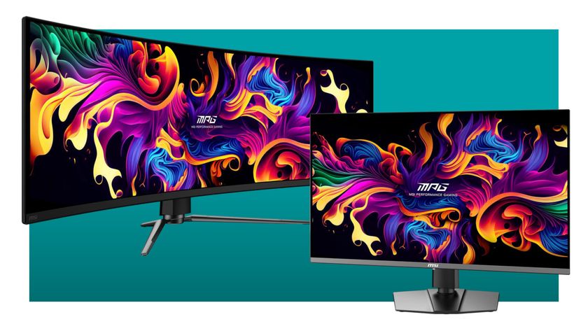 An image of two MSI OLED gaming monitors on a teal background with a white border