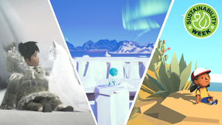 Three sustainability-themed mobile game screenshots; Never Alone: Ki Edition, MeteoHeroes and Alba