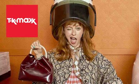 TK Maxx logo placed over a woman winking under a hair dryer