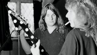Ozzy Osbourne records the 'Blizzard of Ozz' album with guitarist Randy Rhoads (1956-1982) at Ridge Farm Studio in West Sussex, England in May 1980. 