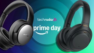 Two pairs of headphones on TR's blue/green Prime Day background