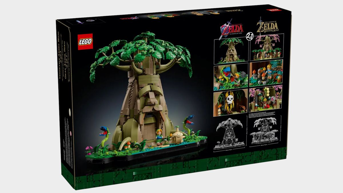 Lego Great Deku Tree set and box against a plain background