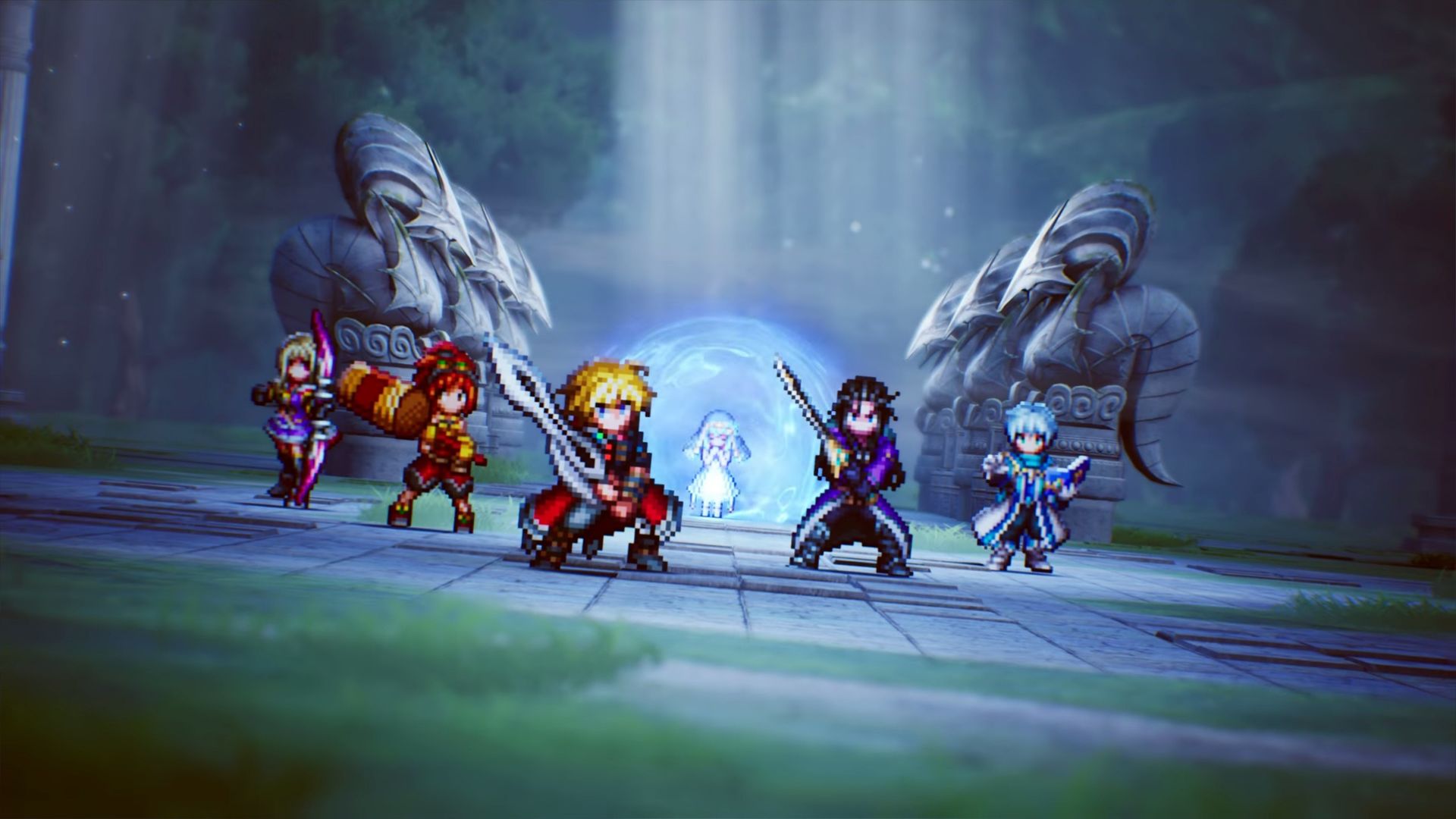 Pixel-art fantasy adventurers gather around a glowing blue portal between towering stone guardians in a misty forest, creating a mysterious, heroic mood.