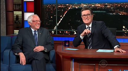 Bernie Sanders talks to Stephen Colbert