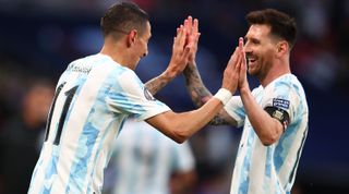Argentina World Cup 2022 squad: Angel Di Maria of Argentina celebrates with team-mate Lionel Messi after scoring Argentina's second goal in the 'Finalissima' match between Italy and Argentina on 1 June, 2022 at Wembley Stadium, London, United Kingdom