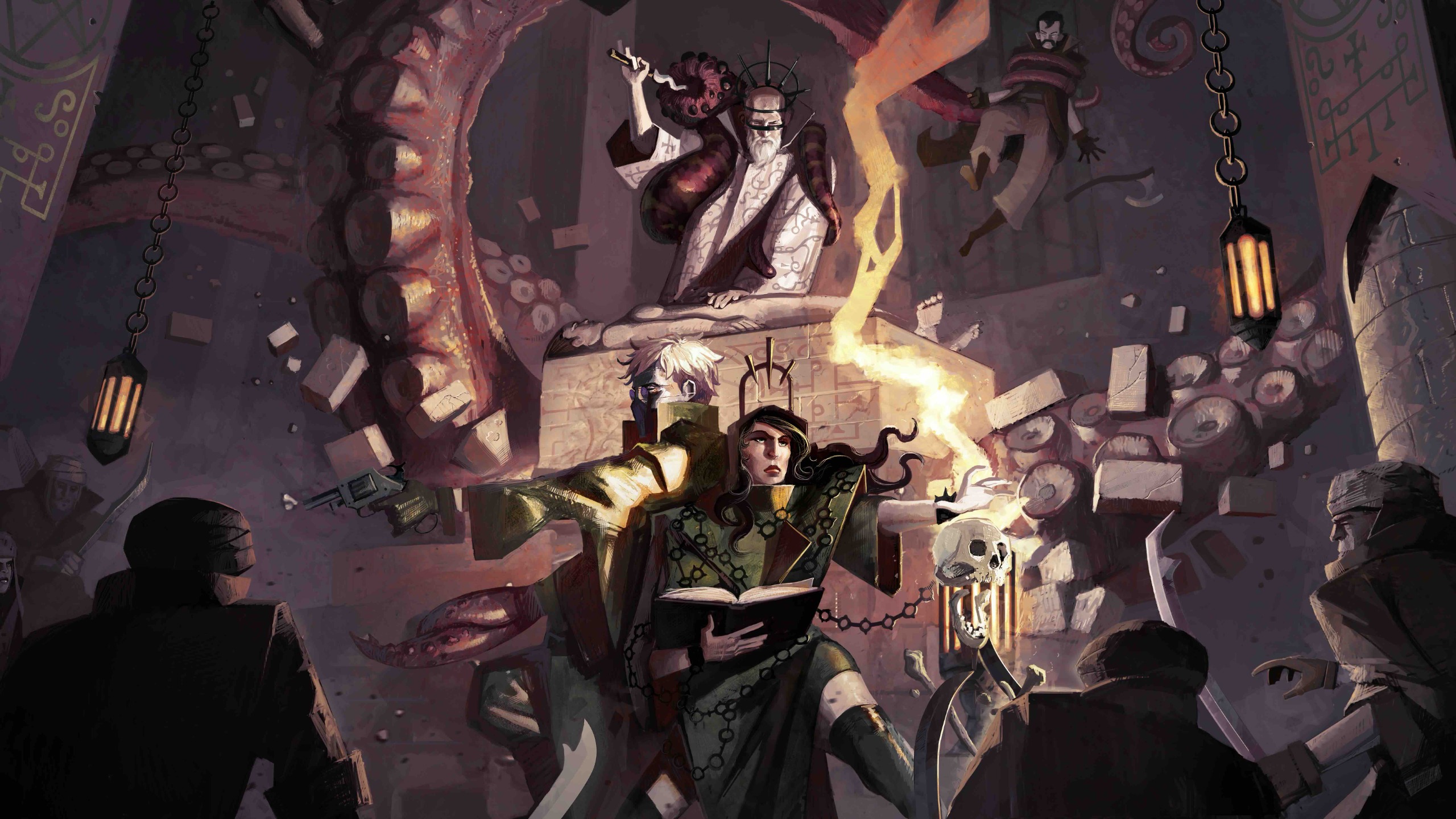 A gun-wielder and a magic-user fight off a horde of enemies.