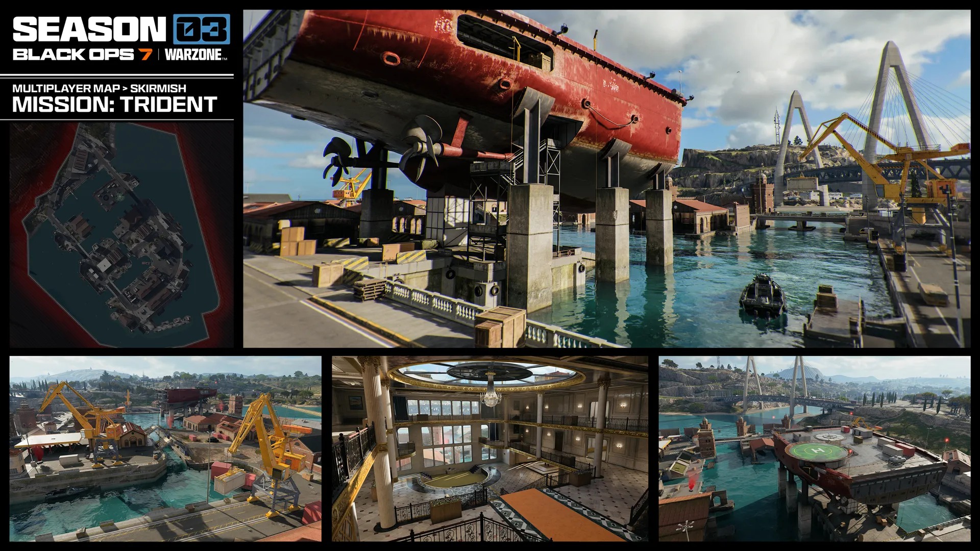 Call of Duty: Black Ops 7 Season 3 screenshots including weapon prestige camos, new mode gameplay for freerun and demolition, and new operator skins.