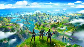 beste kostenlose Spiele: Drei Figuren stehen auf einem Hügel und schauen auf die Landschaft unter ihnen
