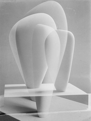 Black-and-white image of large sculpture