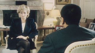 princess diana sat across from interviewer Martin Bashir in a black skirt suit, set in a regal looking living room