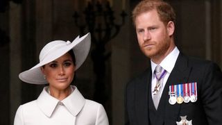 Britain's Prince Harry, Duke of Sussex, and Britain's Meghan, Duchess of Sussex, leave at the end of the National Service of Thanksgiving for The Queen's reign at Saint Paul's Cathedral in London on June 3, 2022 as part of Queen Elizabeth II's platinum jubilee celebrations.