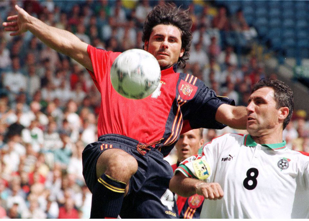 Spain defender Rafael Alkorta competes for the ball with Bulgaria's Hristo Stoichkov at Euro 96.