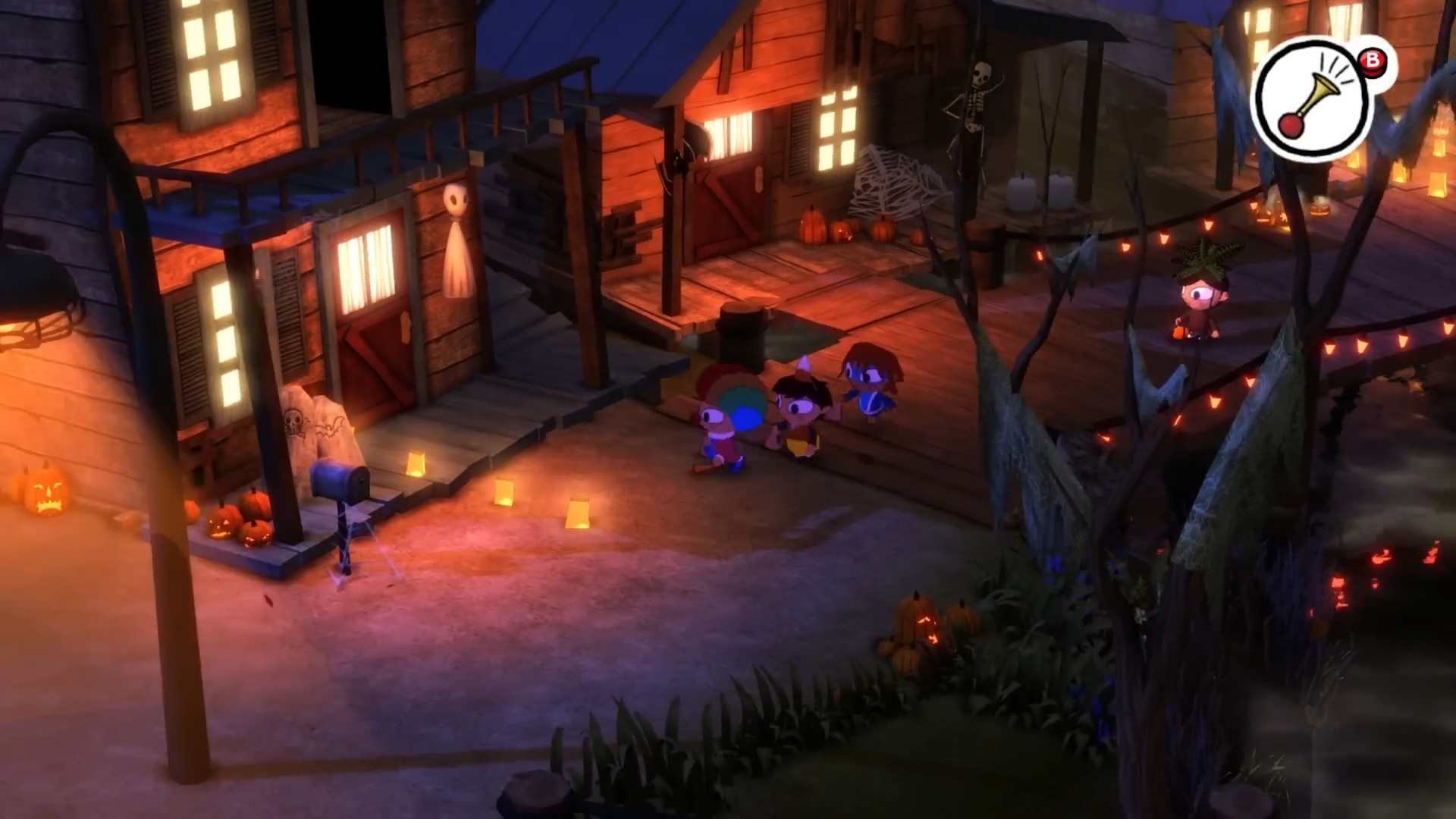 Three kids trick and treating during Halloween in the RPG Costume Quest 2