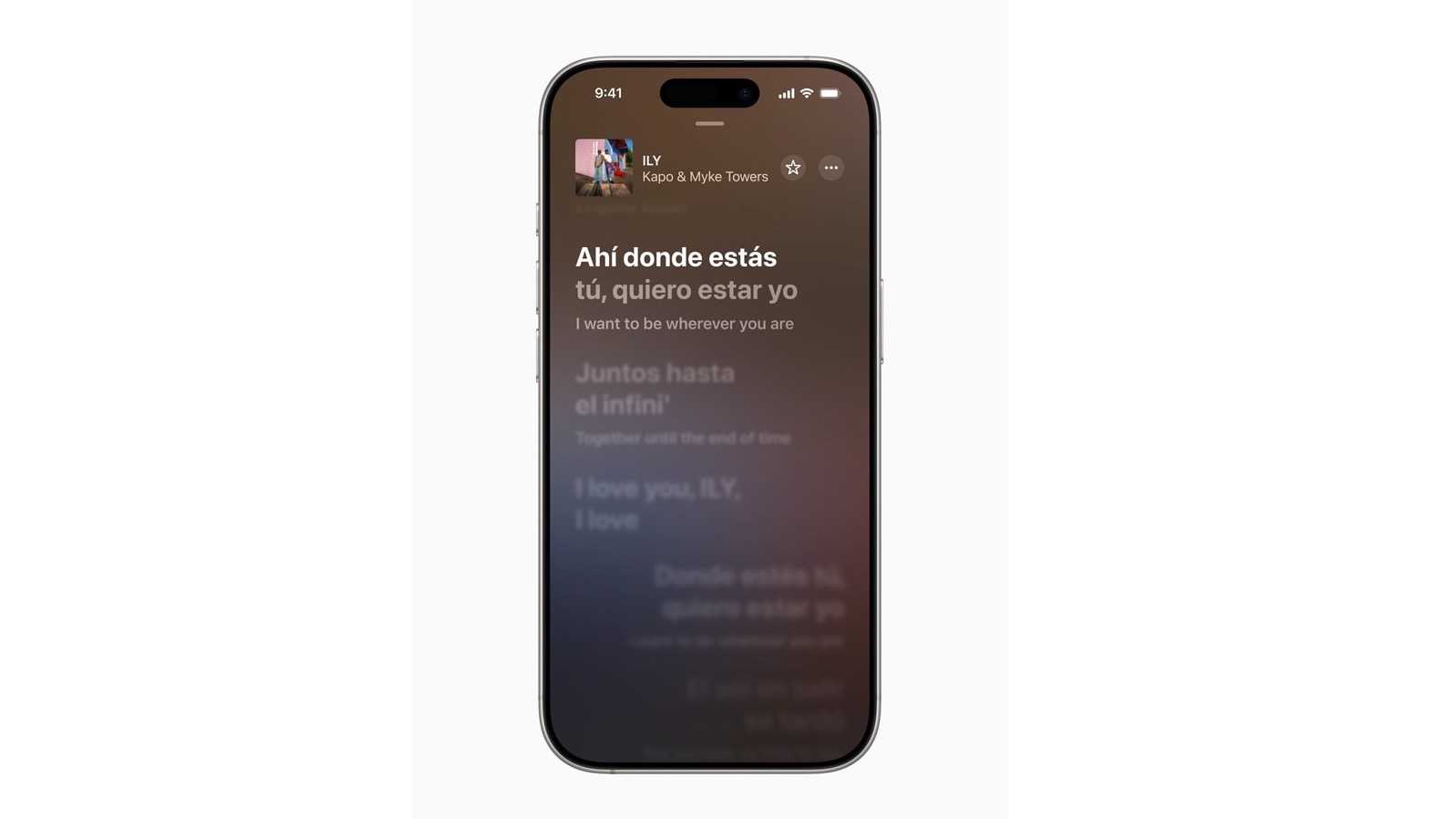Text on a phone screen showing Apple Music's Lyric Translation feature in action.