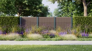 Wood screen panelling with plants and grass