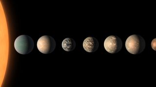 Seven Earth-sized planets orbit TRAPPIST-1, a small and faint red dwarf star.