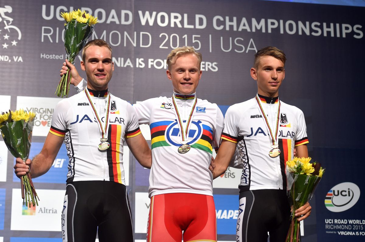 Maximilian Schachmann (Germany), Mads W&uuml;rtz Schmidt (Denmark) and Lennard Kamna (Germany) made up the U23 men's time trial podium