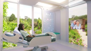 A patient in a 'space-age' hospital with video conferencing tech 