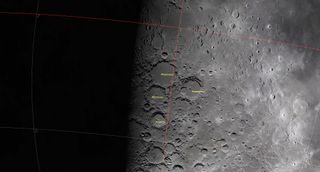 a close up of the moon shows detailed craters labeled with their names and latitude longitude lines traced across.