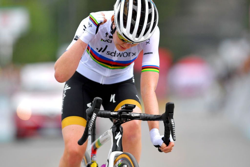 PRATO NEVOSO ITALY JULY 03 Anna Van Der Breggen of Netherlands and Team SD Worx celebrates at arrival during the 32nd Giro dItalia Internazionale Femminile 2021 Stage 2 a 1001km stage from Boves to Prato Nevoso Colle del Prel 1607m GiroDonne UCIWWT on July 03 2021 in Prato Nevoso Italy Photo by Luc ClaessenGetty Images