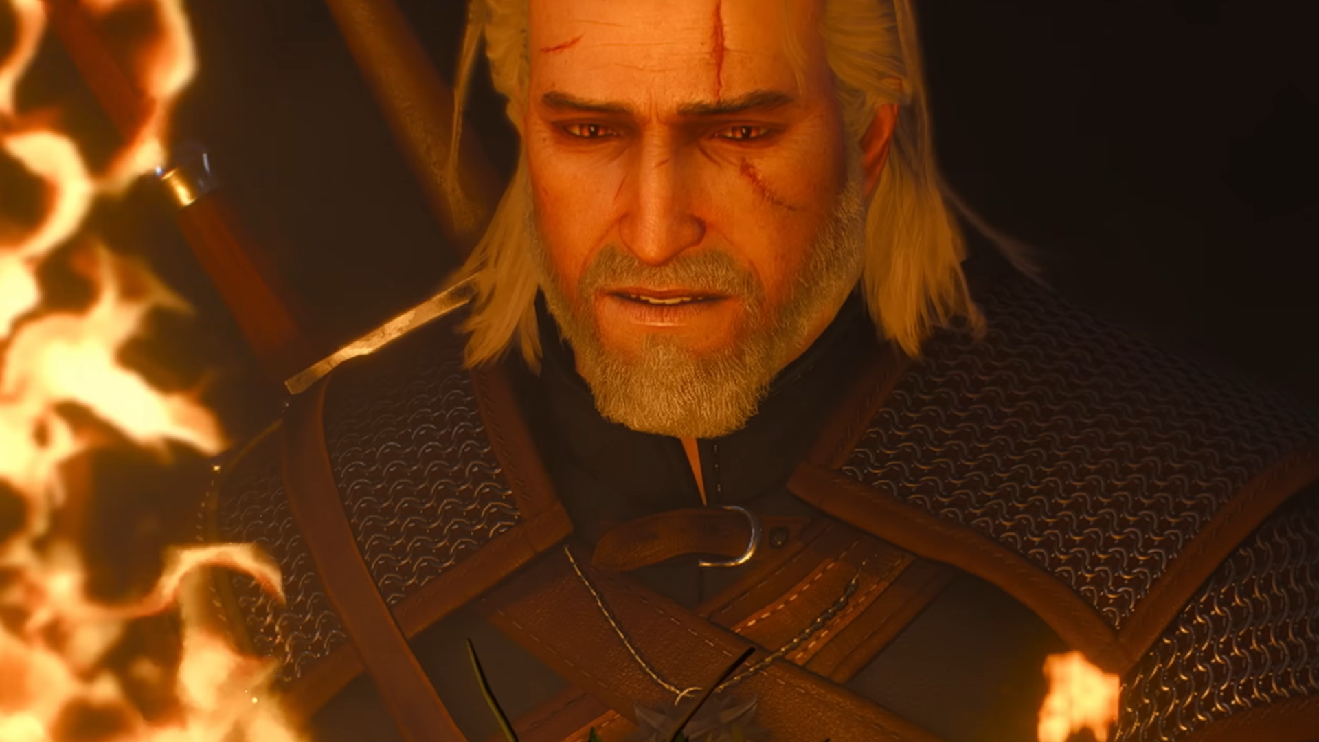 Gerlat looking at a fire during a cut scene in the fantasy RPG, The Witcher 3