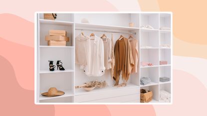A white closet with shelves and a hanging rail on a pink and peach hued wavy background.