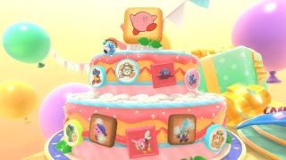Kirby's Dream Buffet: Blue Kirby on top of decorated cake.
