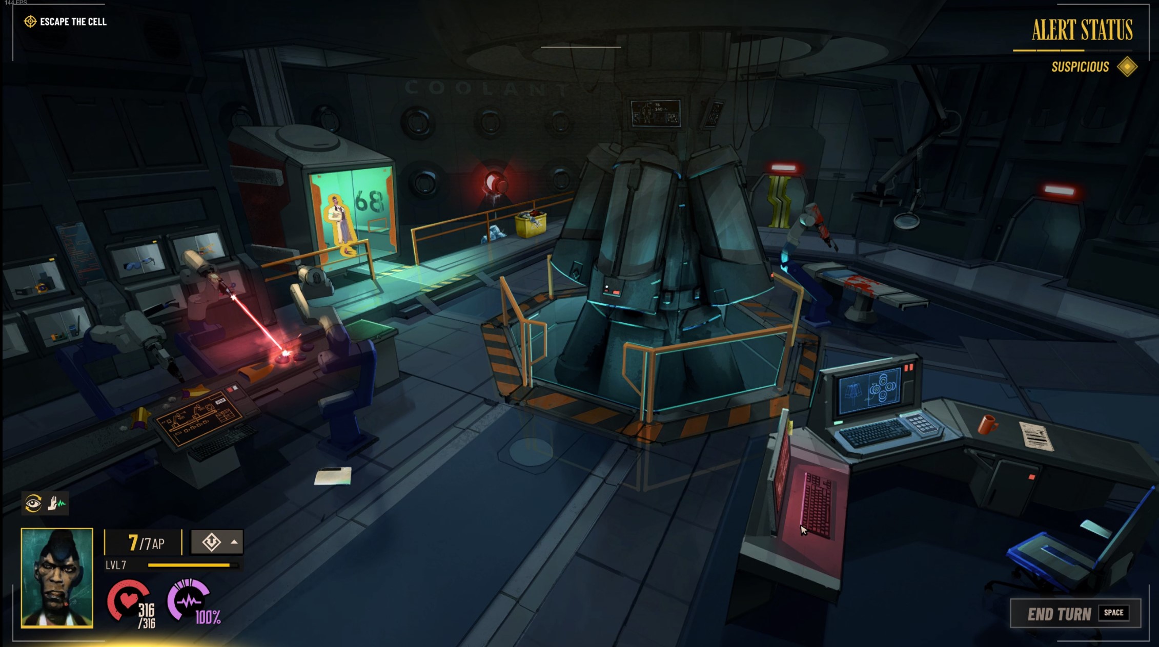 Isometric view of complicated cryo lab, Frank is trapped in a cell in the upper left.