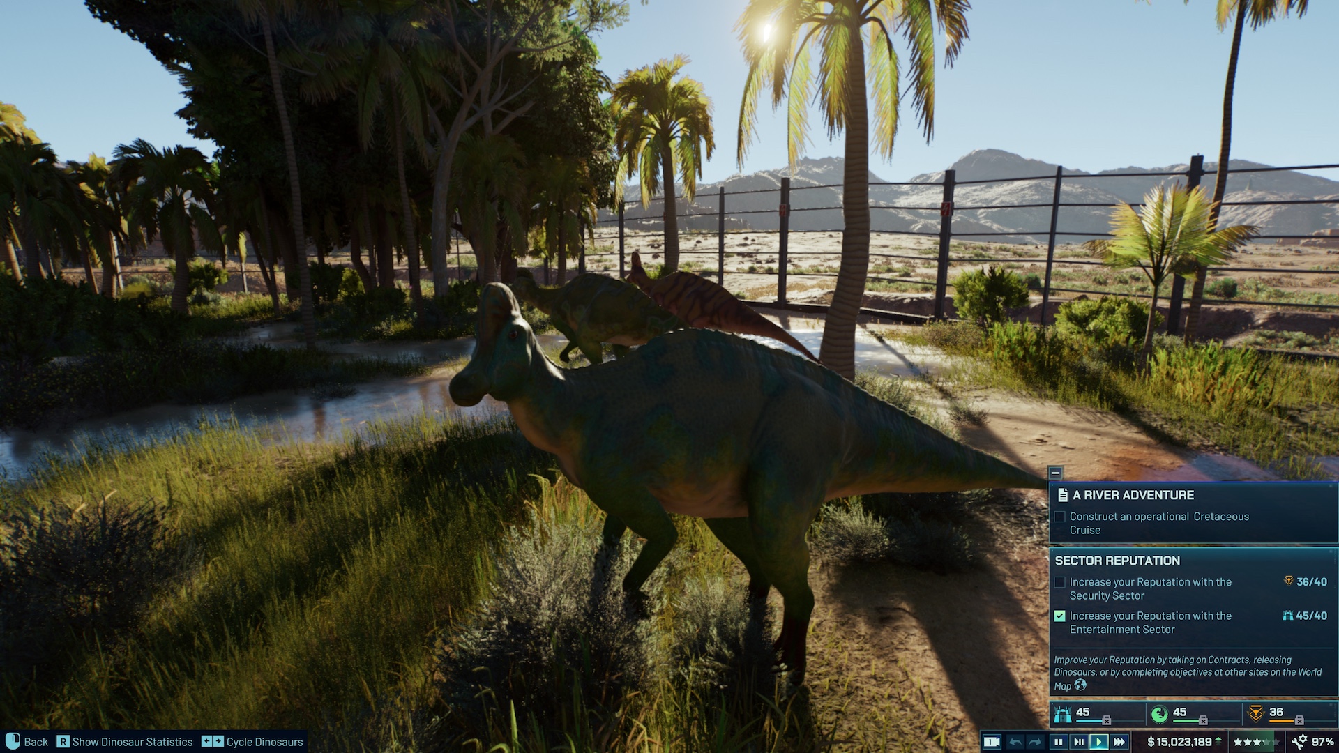 A herd of Corythosaurus among trees on Jurassic World Evolution 3.