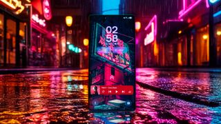 A Samsung Galaxy S25 Ultra with a widget-covered lockscreen on a rainy neon-soaked street
