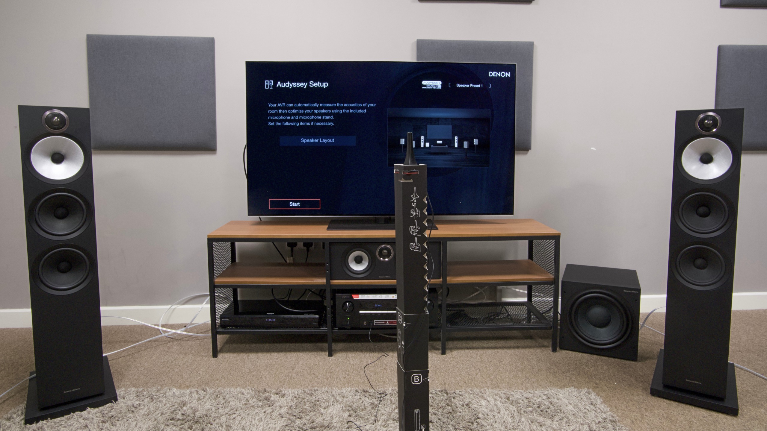 Denon AVC 3900H setup screen on LG G6 with setup mic in centre of picture