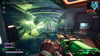 The player grips a huge cannon-like weapon while two other players exchange shots in a laboratory level 