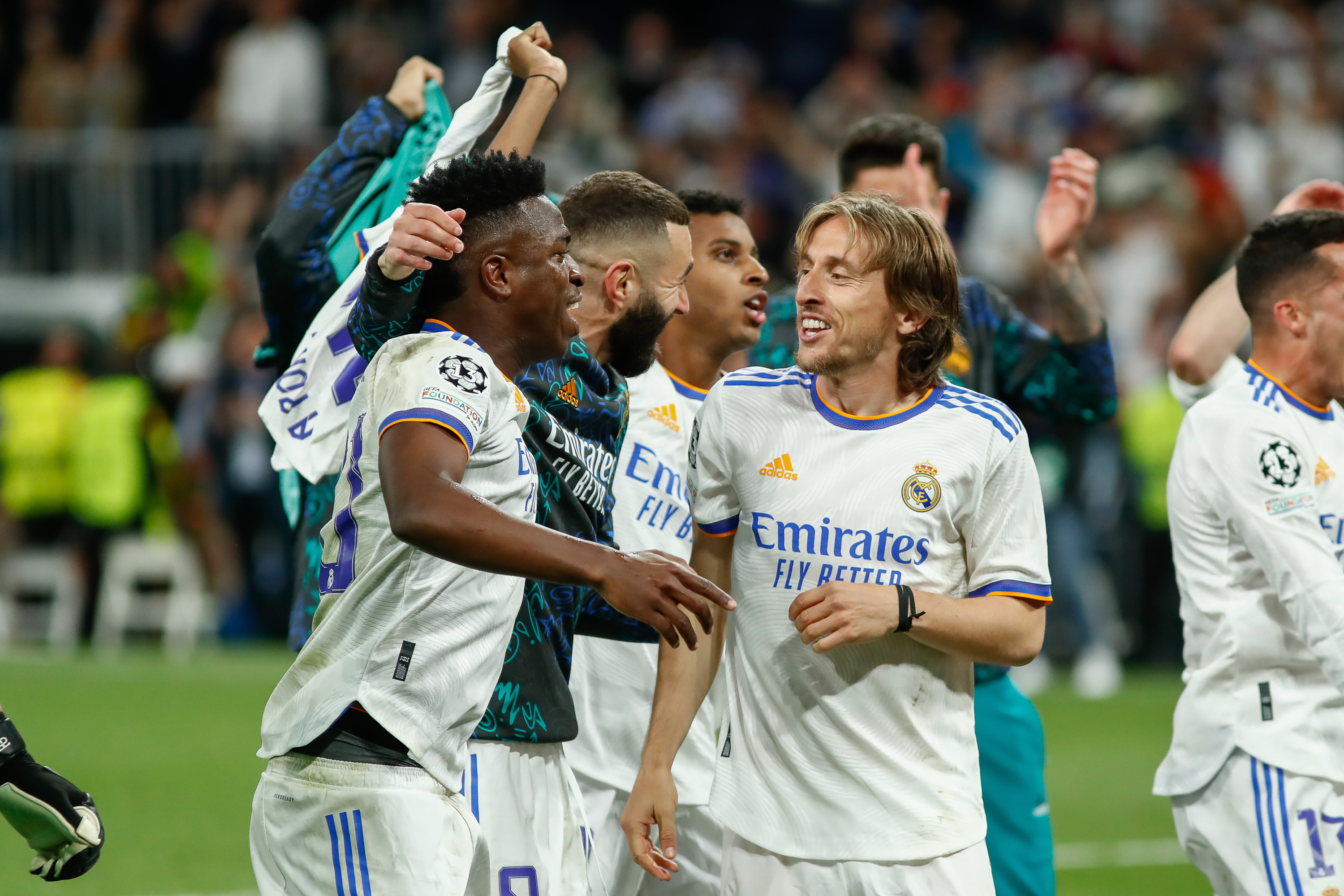 Real Madrid players celebrate their Champions League semi-final win over Manchester City at the Santiago Bernabeu in May 2022.