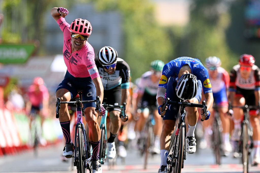 CORDOBA SPAIN AUGUST 26 Magnus Cort Nielsen of Denmark and Team EF Education Nippo celebrates winning ahead of Andrea Bagioli of Italy and Team Deceuninck QuickStep and Michael Matthews of Australia and Team BikeExchange during the 76th Tour of Spain 2021 Stage 12 a 175 km stage from Jan to Crdoba lavuelta LaVuelta21 on August 26 2021 in Cordoba Spain Photo by Stuart FranklinGetty Images