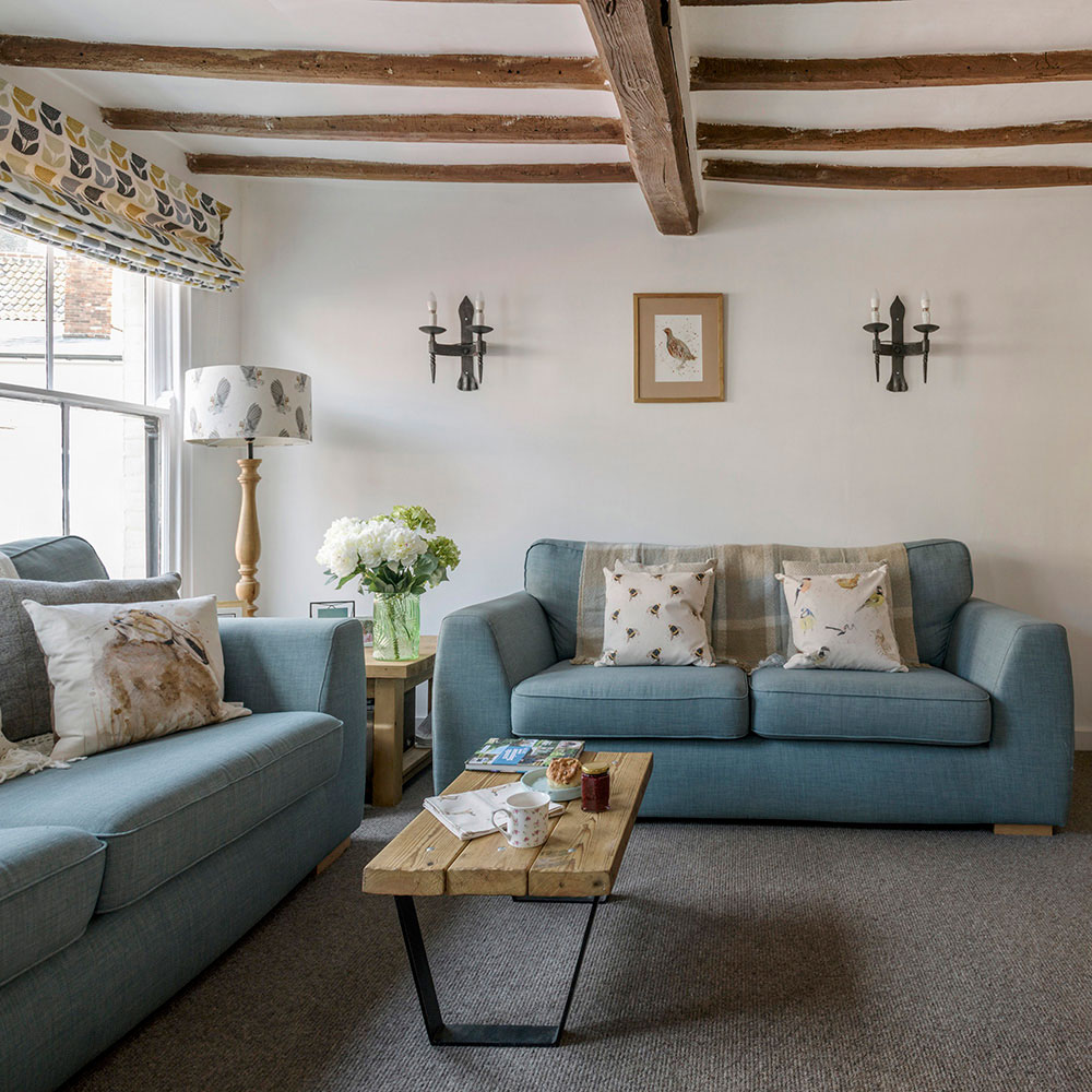 living room with sofa and cushions