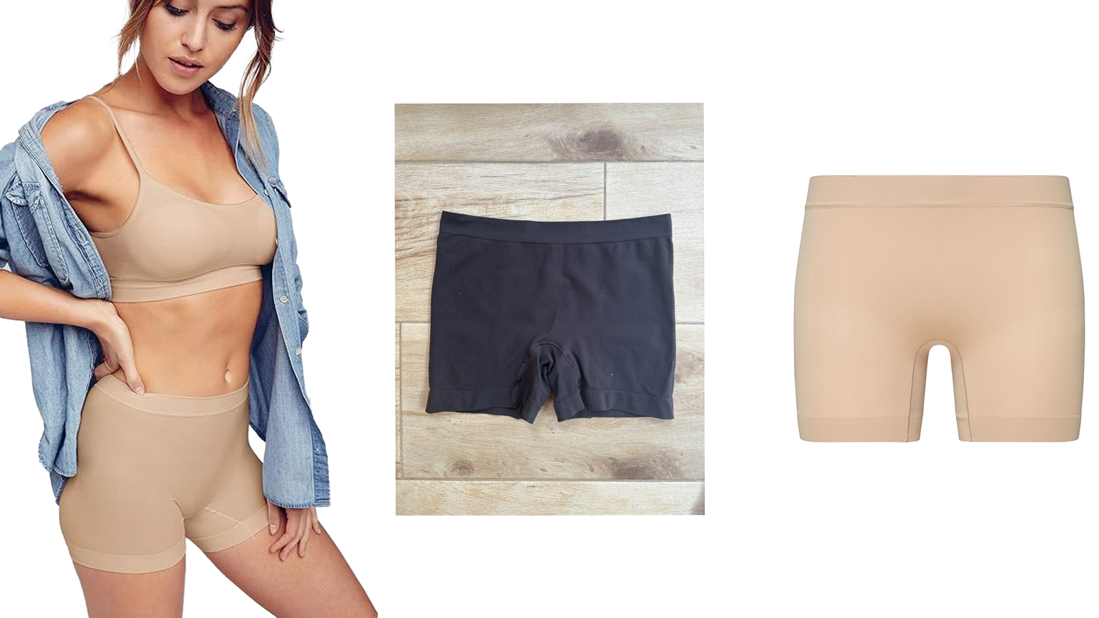 composite image of model wearing Jockey anti-chafe shorts and cut out images of the shorts