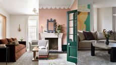 neutral living room with rust sofa, pink living room with green doors, neutral living room with green and yellow artwork