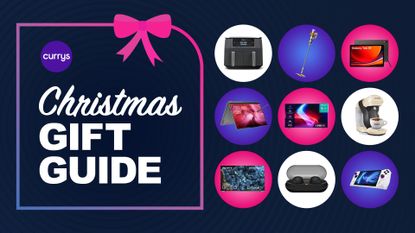 Various products in the Currys New Year sale next to TechRadar deals logo