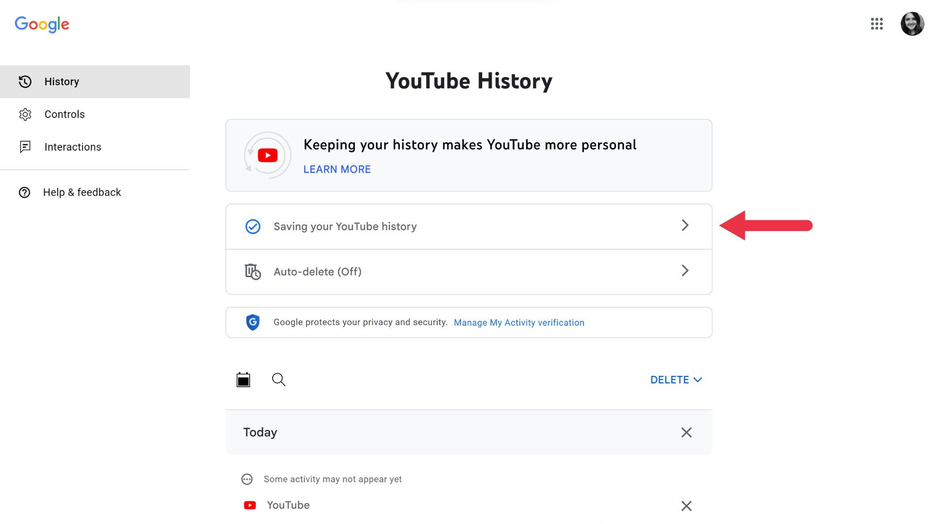 savings your youtube history setting