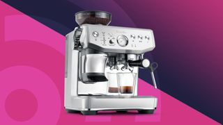 Breville Barista Touch Express Impress machine on pink and purple background