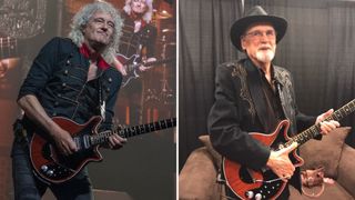 Brian May (left), and Duane Eddy, holding Red Special guitars