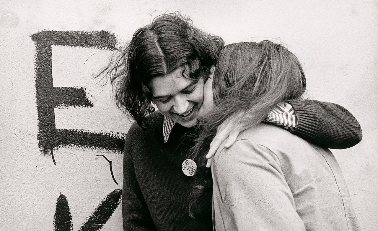 Ponch Hawkes, No title (Two women embracing, &#039;Glad to be gay&#039;) 1973; printed 2018 gelatin silver photograph, National Gallery of Victoria, Melbourne. Purchased NGV Foundation, 2018 © Ponch Hawkes, 2018