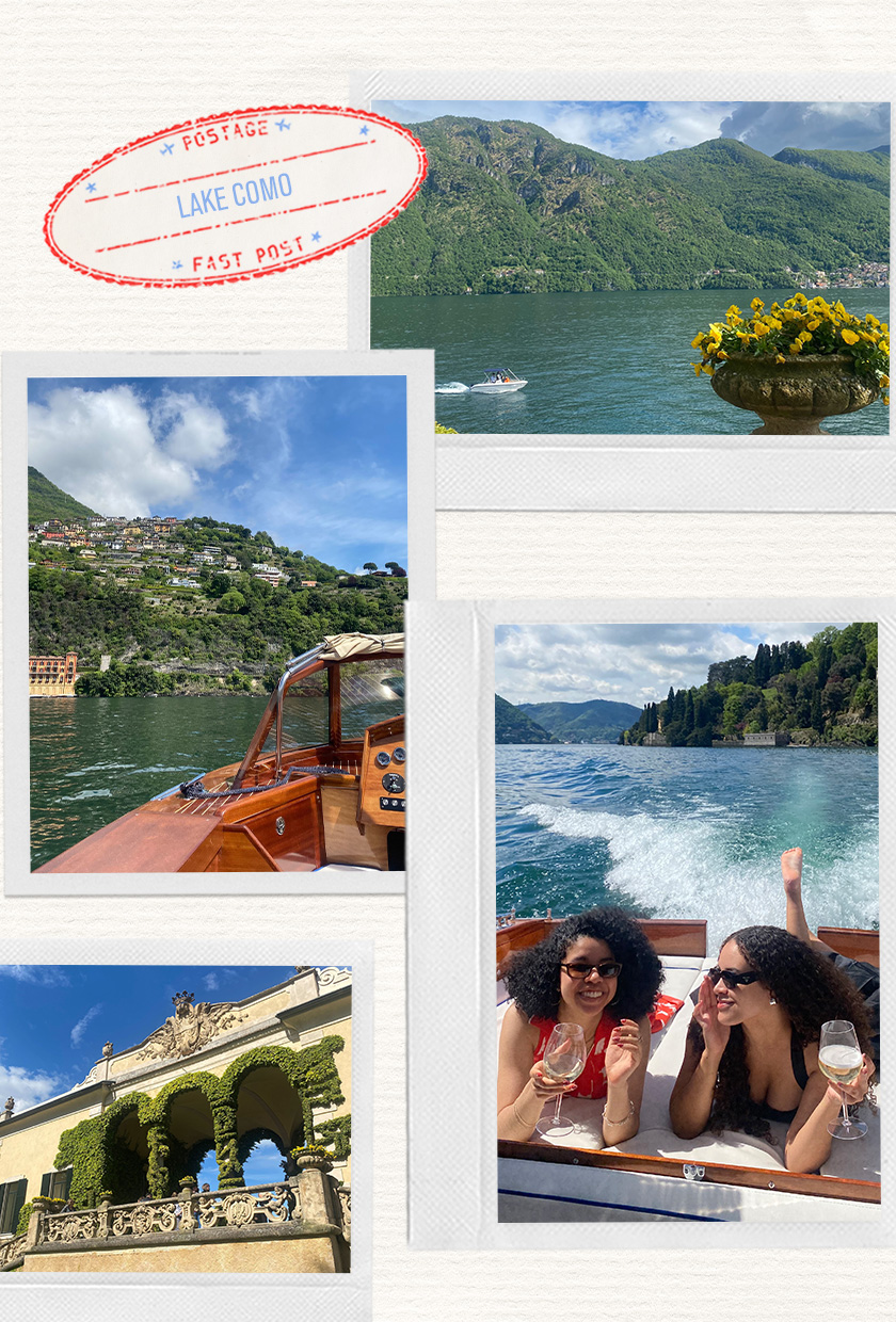 a collage of images depicting Lake Como, including Villa Balbiano, two women on a boat, and boats on the water