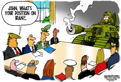 Political Cartoon U.S. Bolton War Hawk Iran Trump