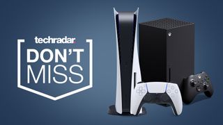 PS5 and Xbox Series X consoles on a blue background with TechRadar don't miss badge